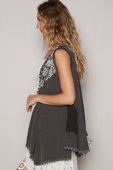 POL Embroidered Pearls Open Front Sleeveless Cardigan OutfitFlow
